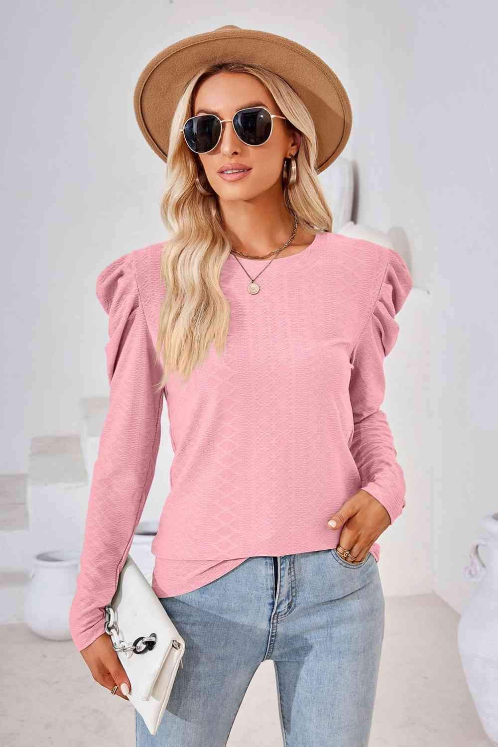 Round Neck Puff Sleeve Blouse Carnation Pink Blouses - Tophatter Daily Deals