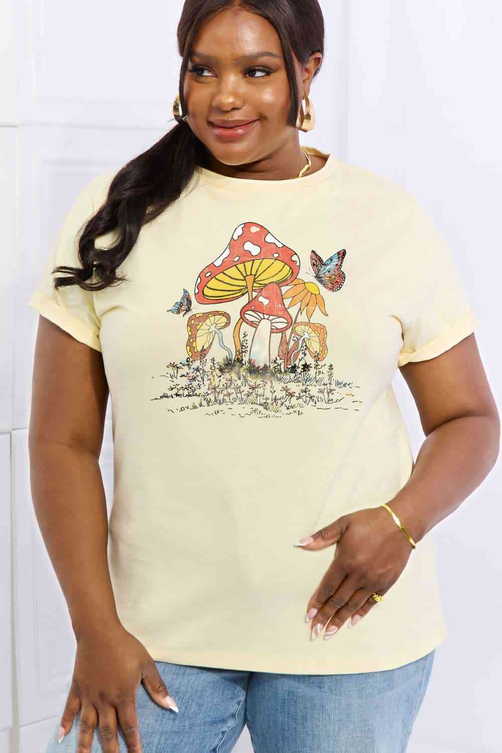 Simply Love Full Size Mushroom & Butterfly Graphic Cotton T-Shirt Women's T-Shirts - Tophatter Daily Deals