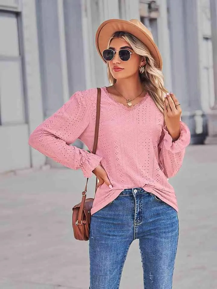 Eyelet V-Neck Flounce Sleeve Blouse Blouses - Tophatter Daily Deals