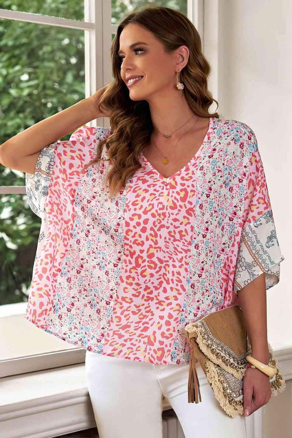 Mixed Print V-Neck Blouse Blouses - Tophatter Daily Deals