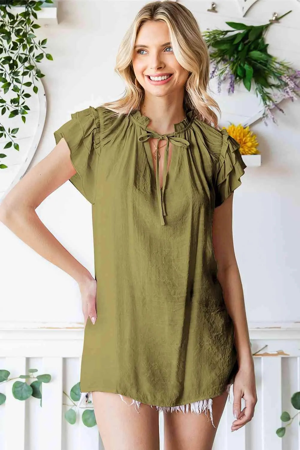 Tie-Neck Flutter Sleeve Blouse Matcha Green Blouses - Tophatter Daily Deals