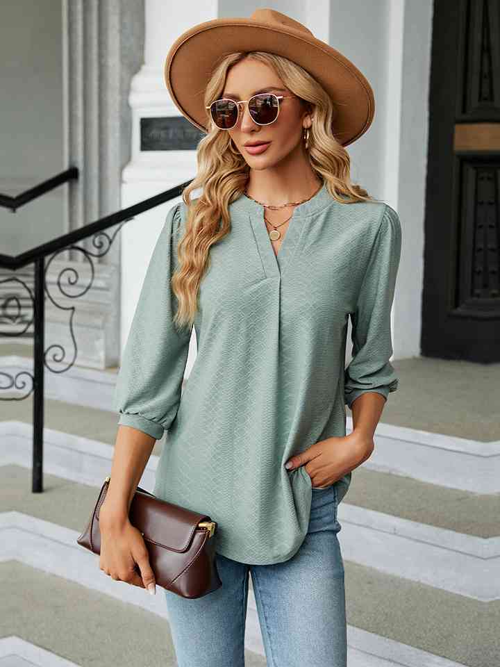 Notched Neck Three-Quarter Sleeve Blouse Women's T-Shirts - Tophatter Daily Deals