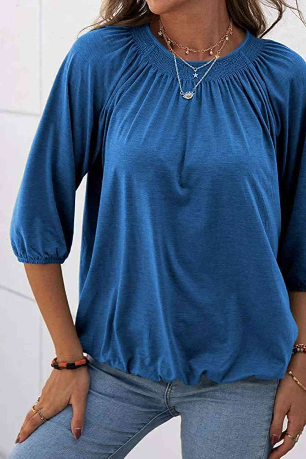 Gathered Detail Round Neck T-Shirt Women's T-Shirts - Tophatter Daily Deals