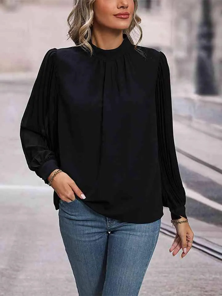 Round Neck Puff Sleeve Blouse Black Blouses - Tophatter Daily Deals