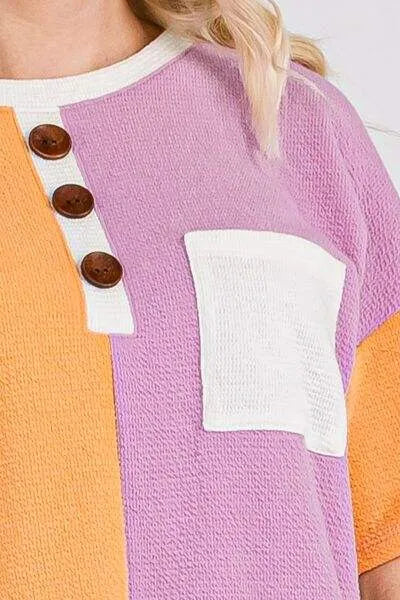 Celeste Full Size Color Block Short Sleeve T-Shirt Blouses - Tophatter Daily Deals