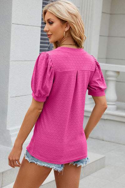 Eyelet Notched Puff Sleeve T-Shirt Women's T-Shirts - Tophatter Daily Deals