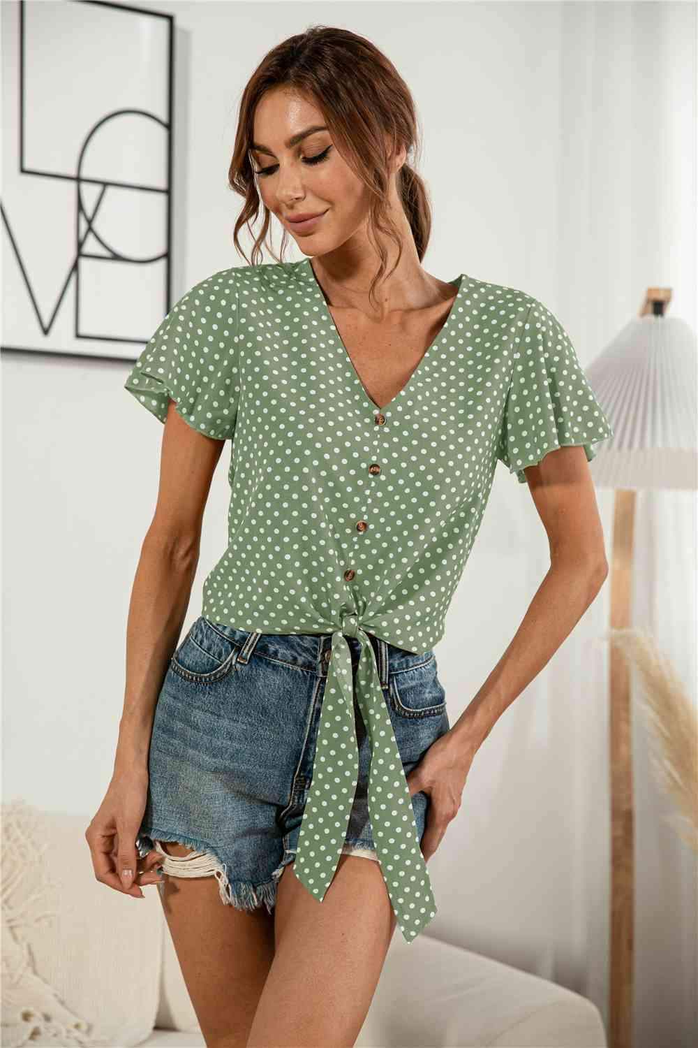 Decorative Button V-Neck Tied Blouse Blouses - Tophatter Daily Deals