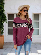 Leopard Round Neck Long Sleeve T-Shirt Magenta Women's T-Shirts - Tophatter Daily Deals