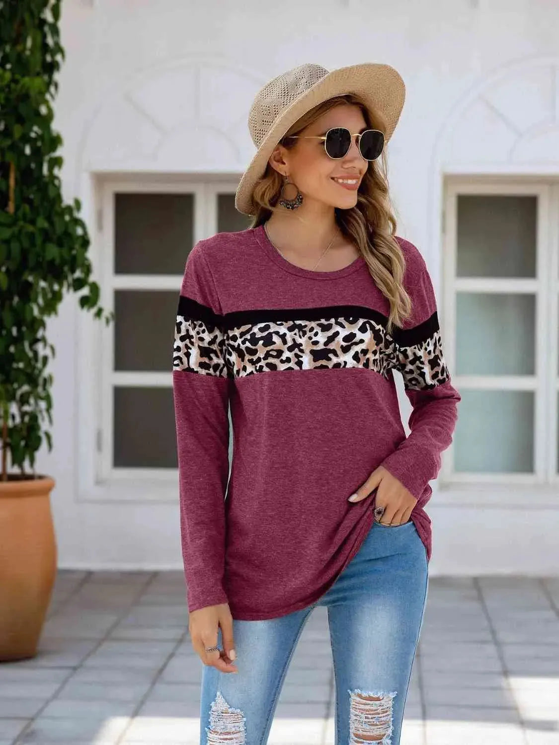 Leopard Round Neck Long Sleeve T-Shirt Magenta Women's T-Shirts - Tophatter Daily Deals