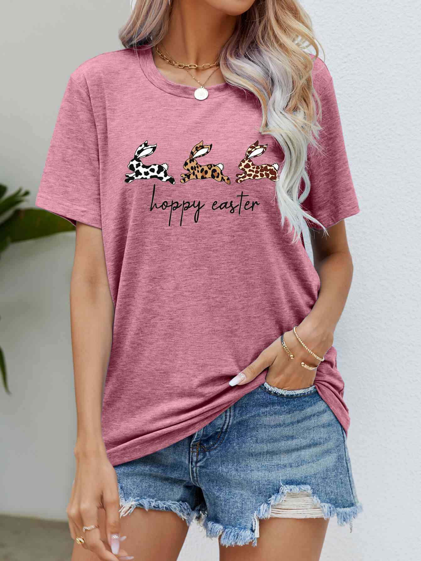 HOPPY EASTER Bunny Graphic Tee Shirt Rouge Pink Women's T-Shirts - Tophatter Daily Deals