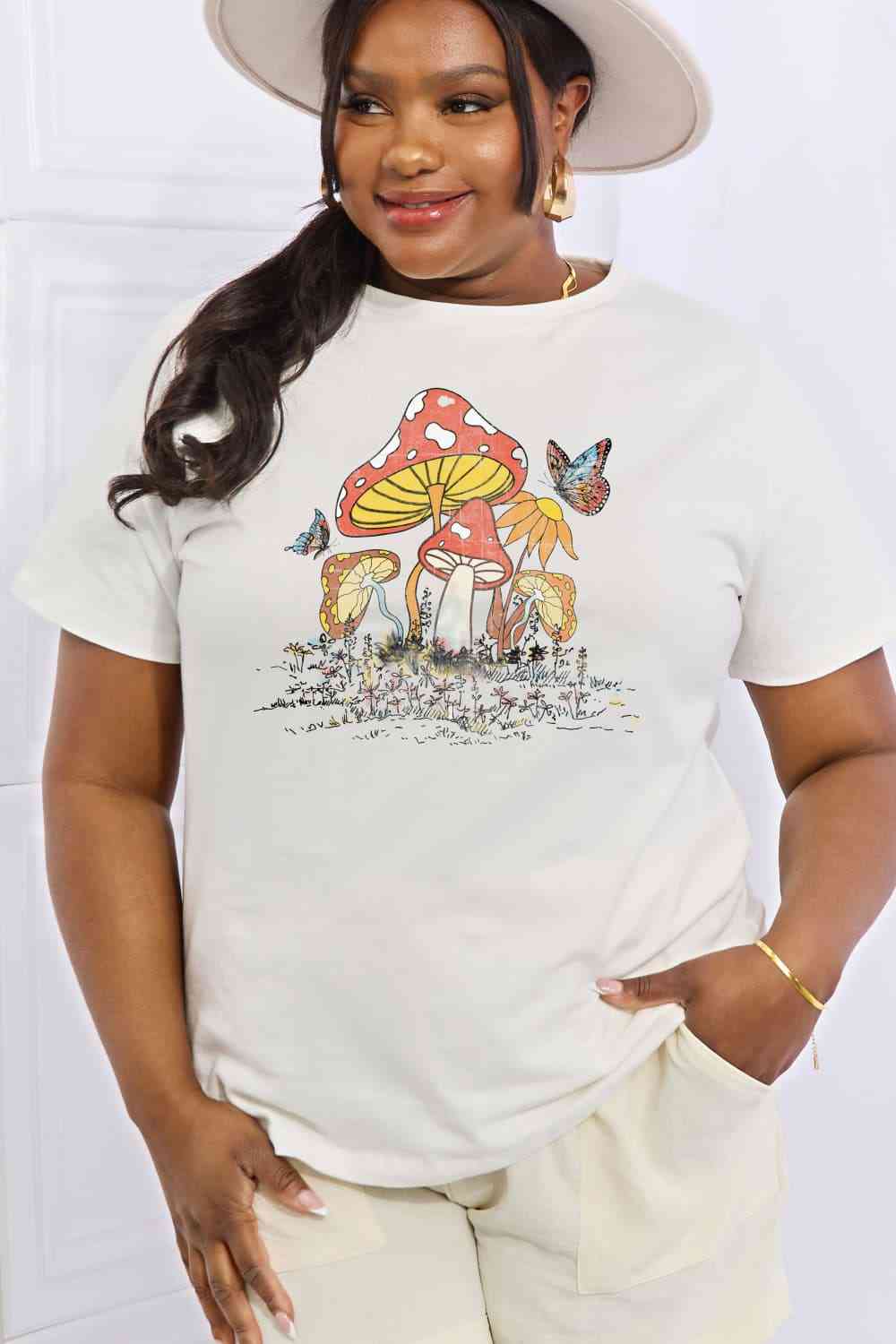 Simply Love Full Size Mushroom & Butterfly Graphic Cotton T-Shirt Women's T-Shirts - Tophatter Daily Deals