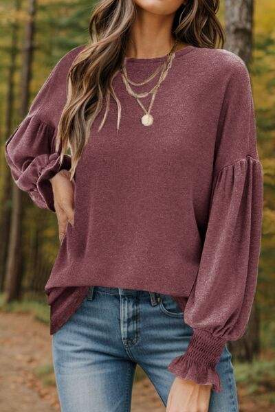 Round Neck Lantern Sleeve T-Shirt Wine Women's T-Shirts - Tophatter Daily Deals