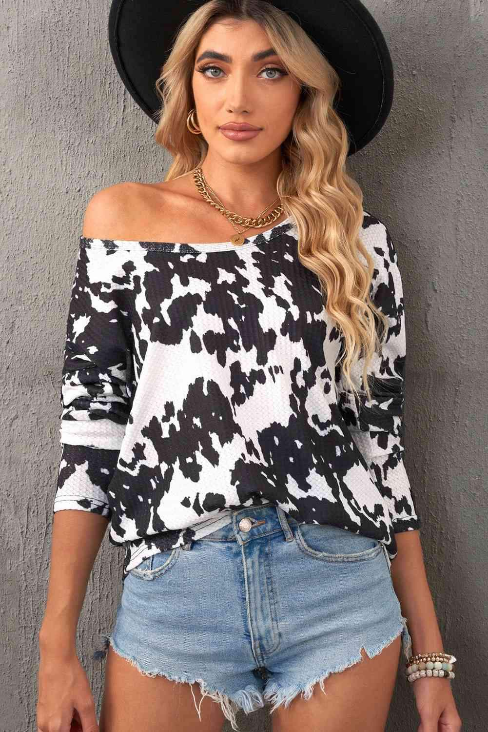 Cow Print Round Neck Long Sleeve Top Women's T-Shirts - Tophatter Daily Deals