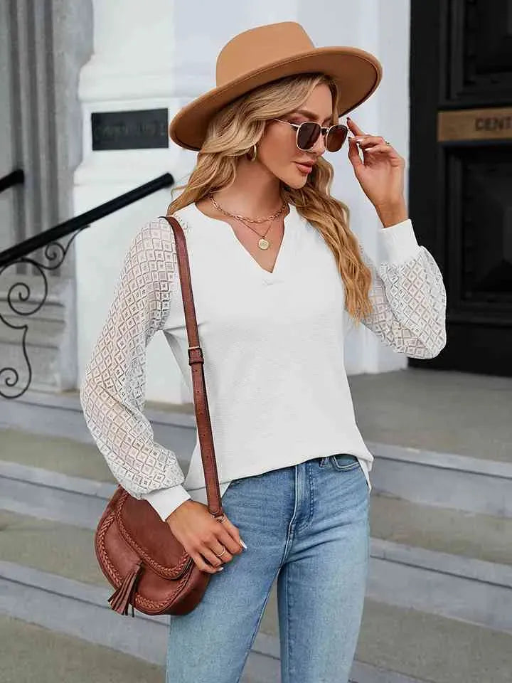 Notched Neck Raglan Sleeve Blouse White Blouses - Tophatter Daily Deals