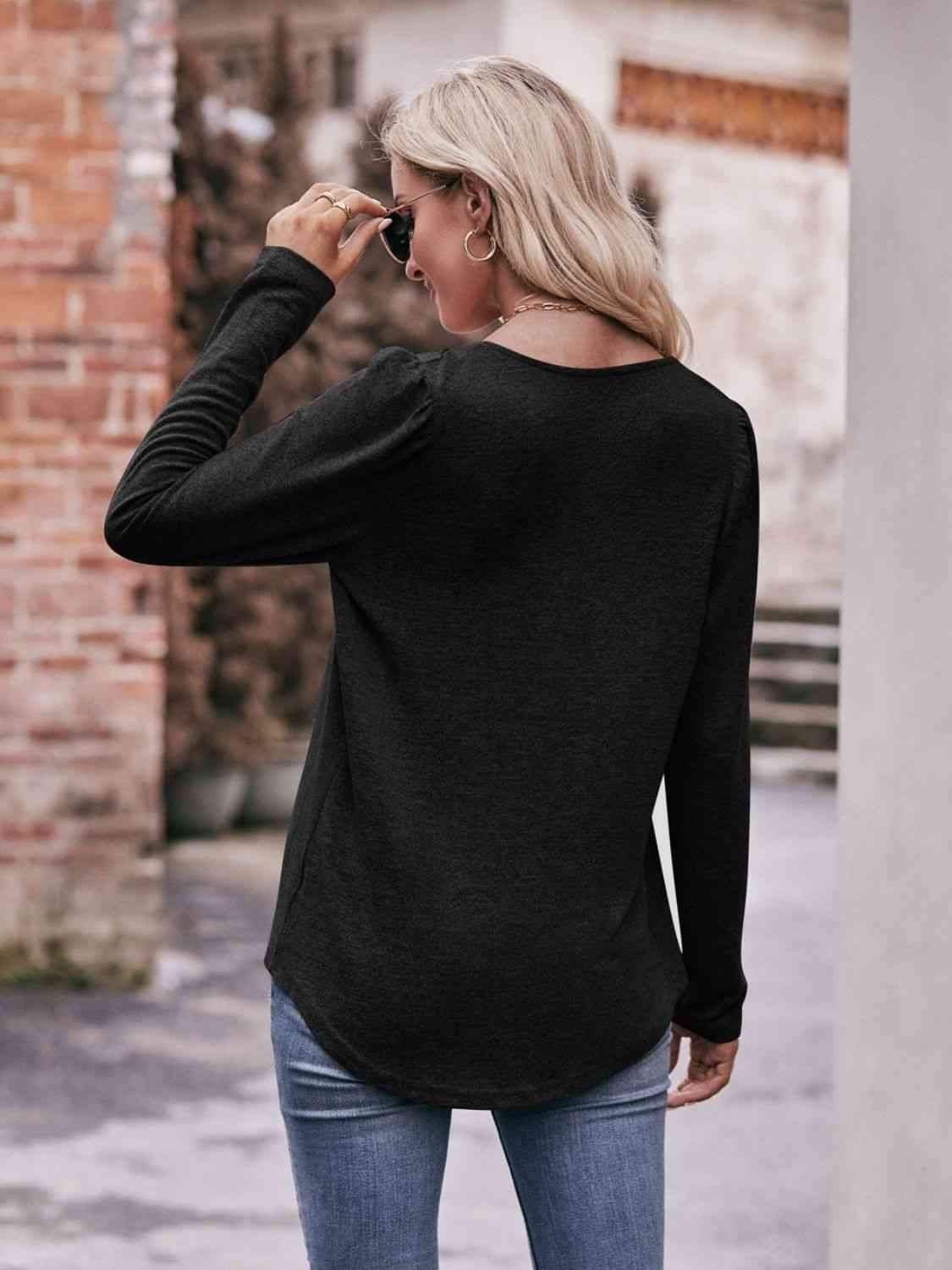 Double Take Pleated Detail Curved Hem Long Sleeve Top Blouses - Tophatter Daily Deals