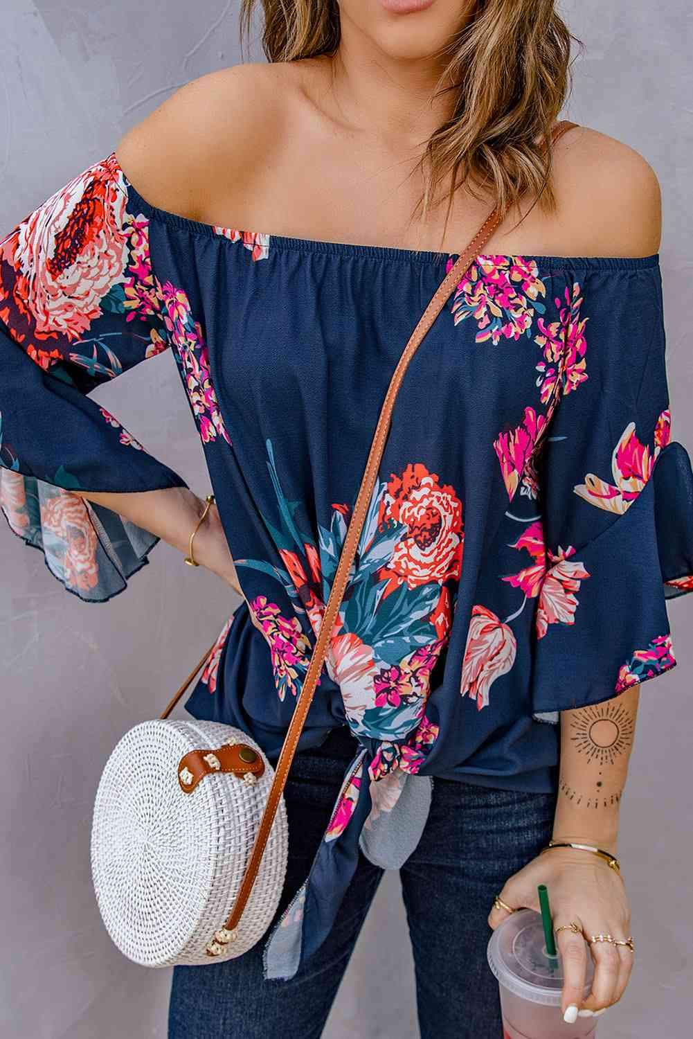 Printed Off-Shoulder Flounce Sleeve Top Blouses - Tophatter Daily Deals