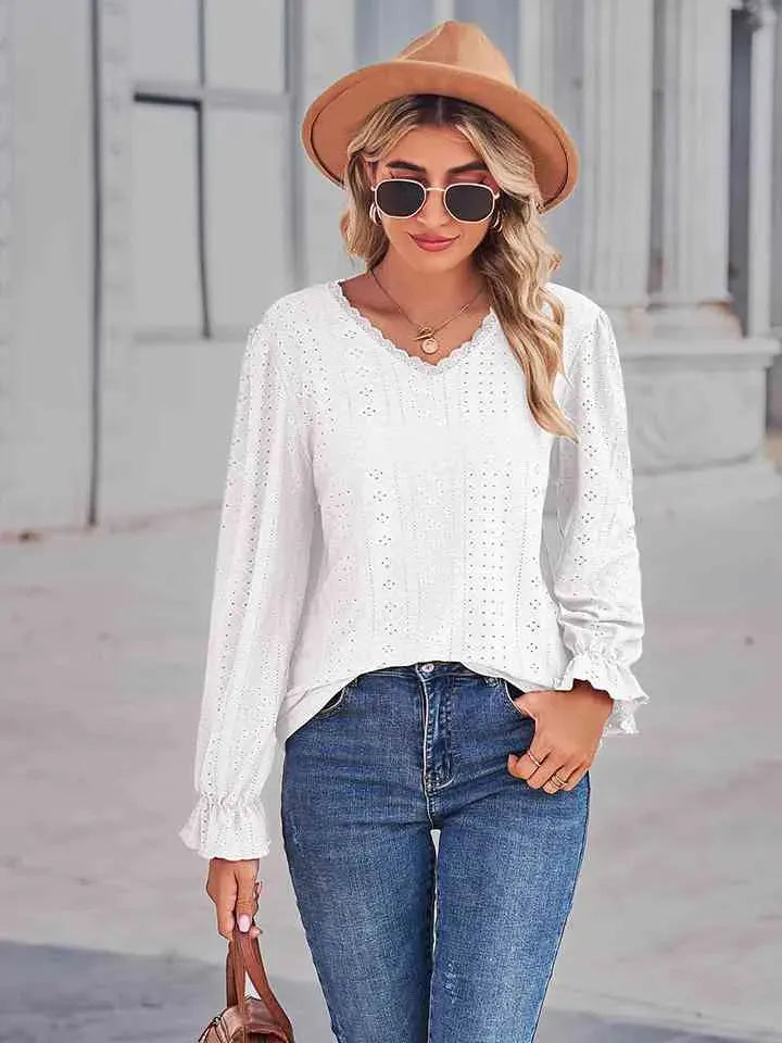 Eyelet V-Neck Flounce Sleeve Blouse Blouses - Tophatter Daily Deals