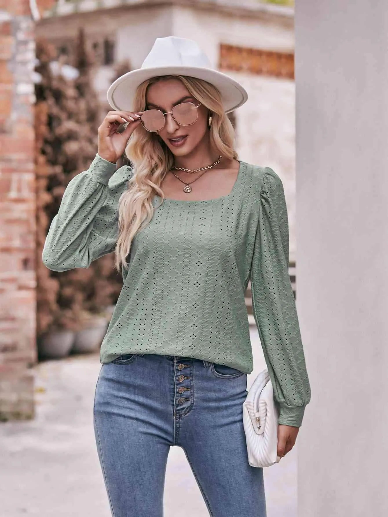 Double Take Eyelet Square Neck Puff Sleeve Blouse Sage Blouses - Tophatter Daily Deals
