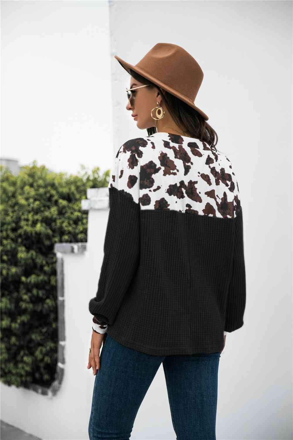 Animal Print Color Block Waffle-Knit Top Blouses - Tophatter Daily Deals