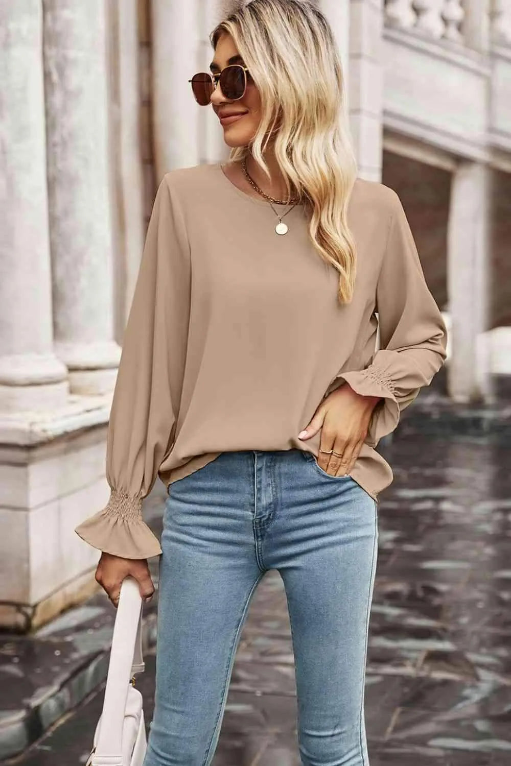 Round Neck Long Flounce Sleeve Blouse Blouses - Tophatter Daily Deals