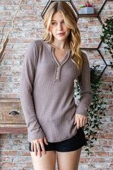 Reborn J Waffle Knit Notched Long Sleeve Top Blouses - Tophatter Daily Deals