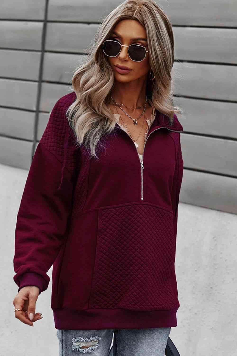 Half-Zip Collared Drop Shoulder Sweatshirt Wine Blouses - Tophatter Daily Deals