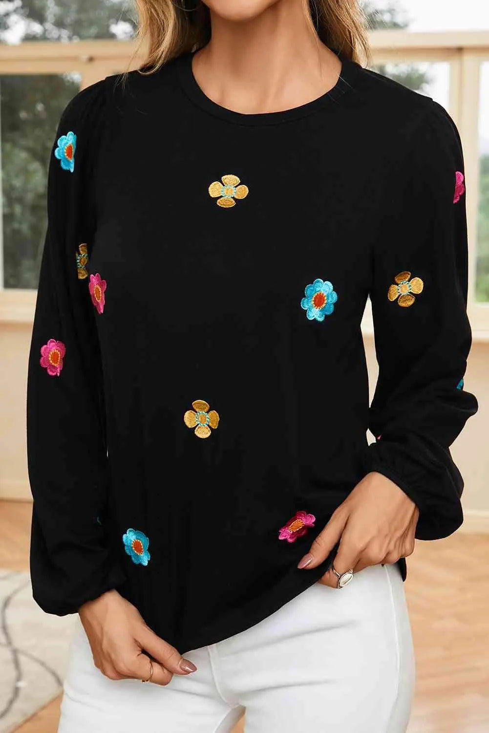 Flower Round Neck Balloon Sleeve Blouse Black Blouses - Tophatter Daily Deals