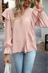 V-Neck Flounce Sleeve Ruffle Trim Blouse Blouses - Tophatter Daily Deals