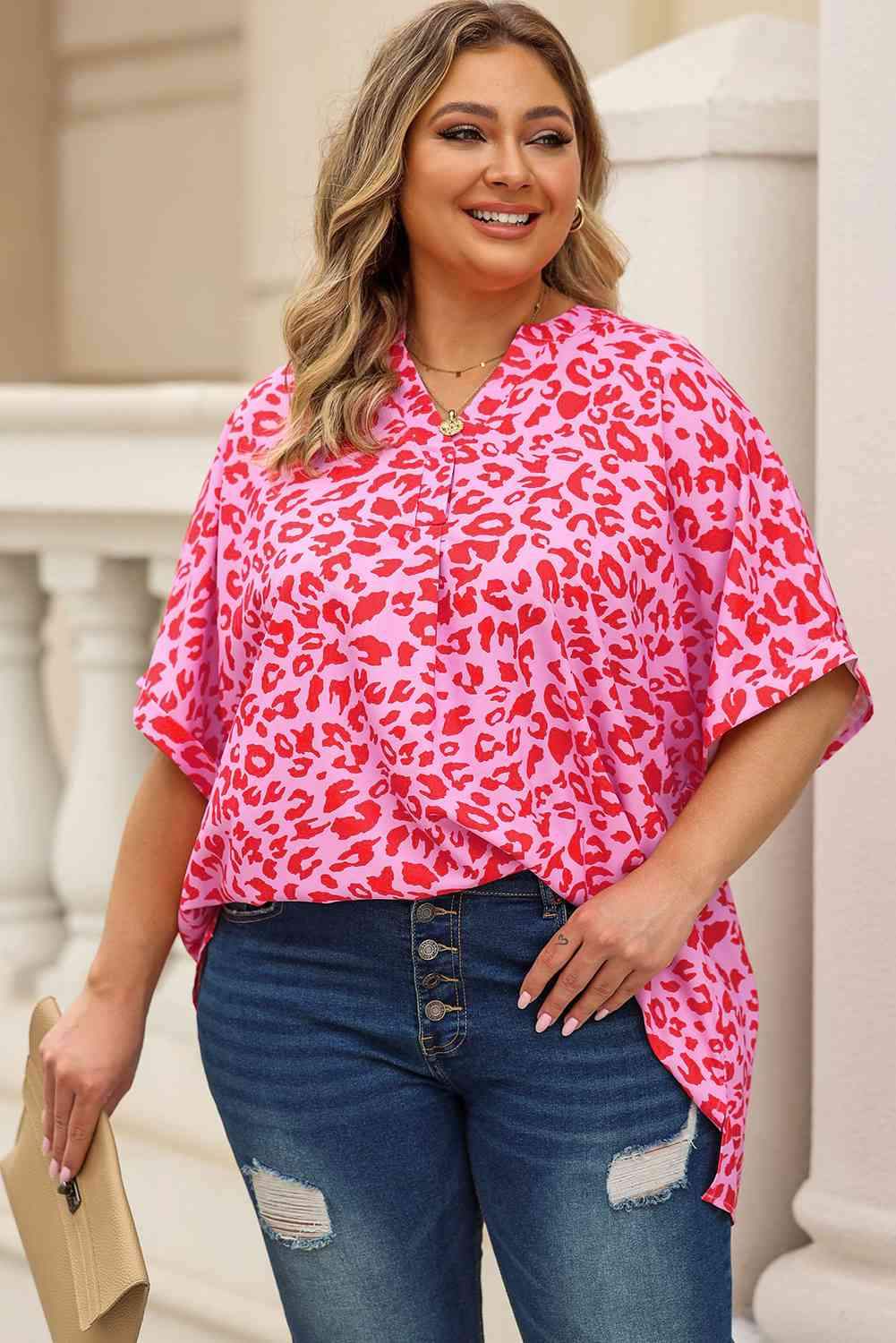 Plus Size Printed Notched Neck Half Sleeve Top Hot Pink Women's T-Shirts - Tophatter Daily Deals