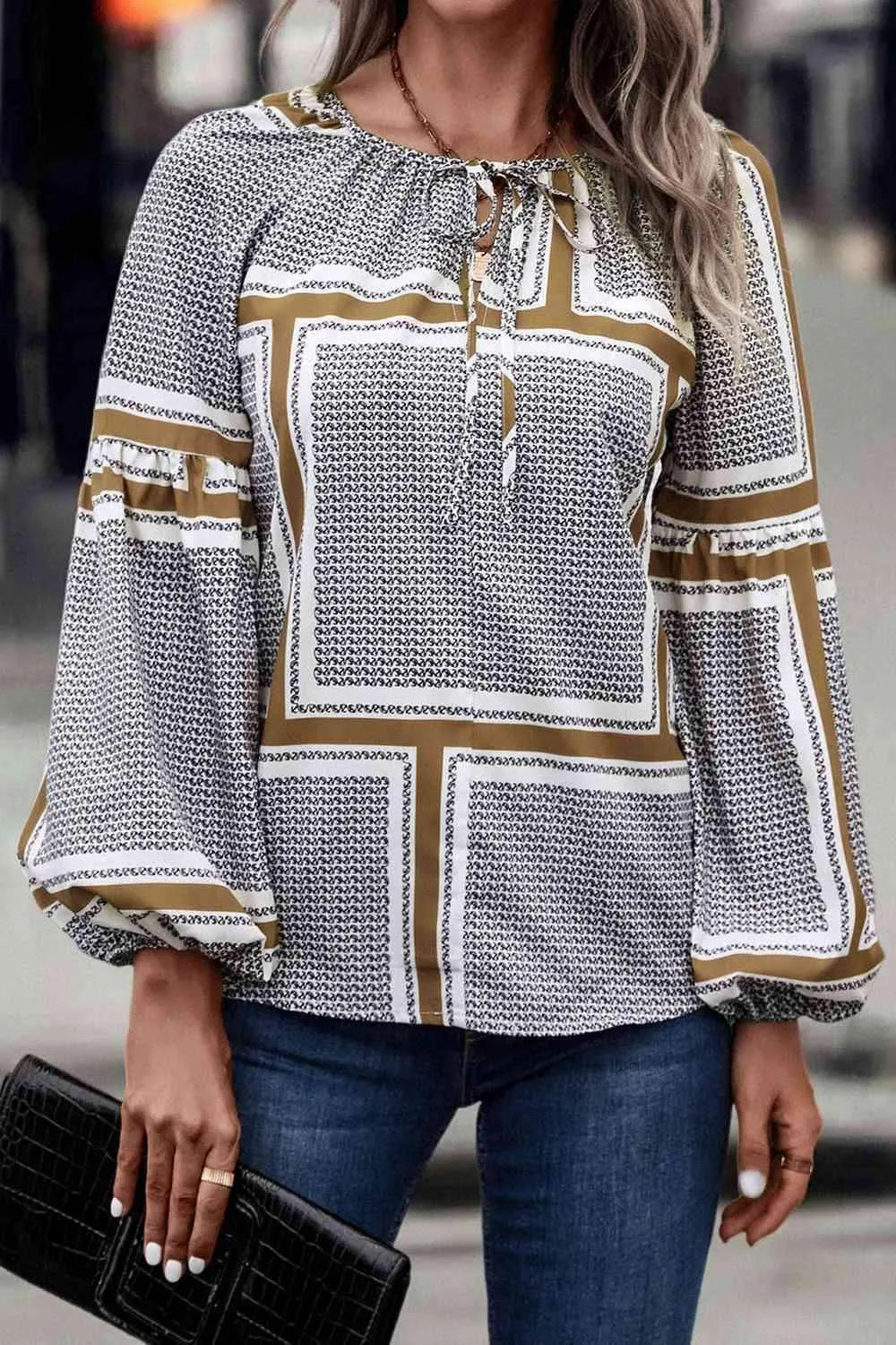 Printed Tie Neck Balloon Sleeve Blouse Blouses - Tophatter Daily Deals