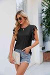 Round Neck Flutter Sleeve Eyelet Blouse Blouses - Tophatter Daily Deals