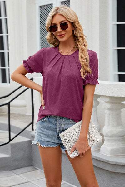 Round Neck Flounce Sleeve T-Shirt Women's T-Shirts - Tophatter Daily Deals