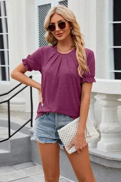 Round Neck Flounce Sleeve T-Shirt Women's T-Shirts - Tophatter Daily Deals