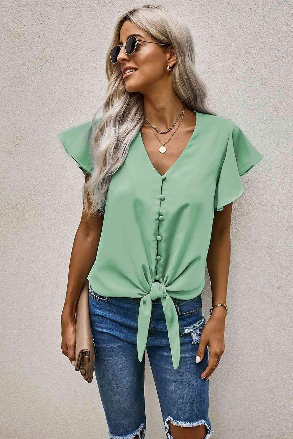 V-Neck Tie Hem Flutter Sleeve Blouse Gum Leaf Blouses - Tophatter Daily Deals