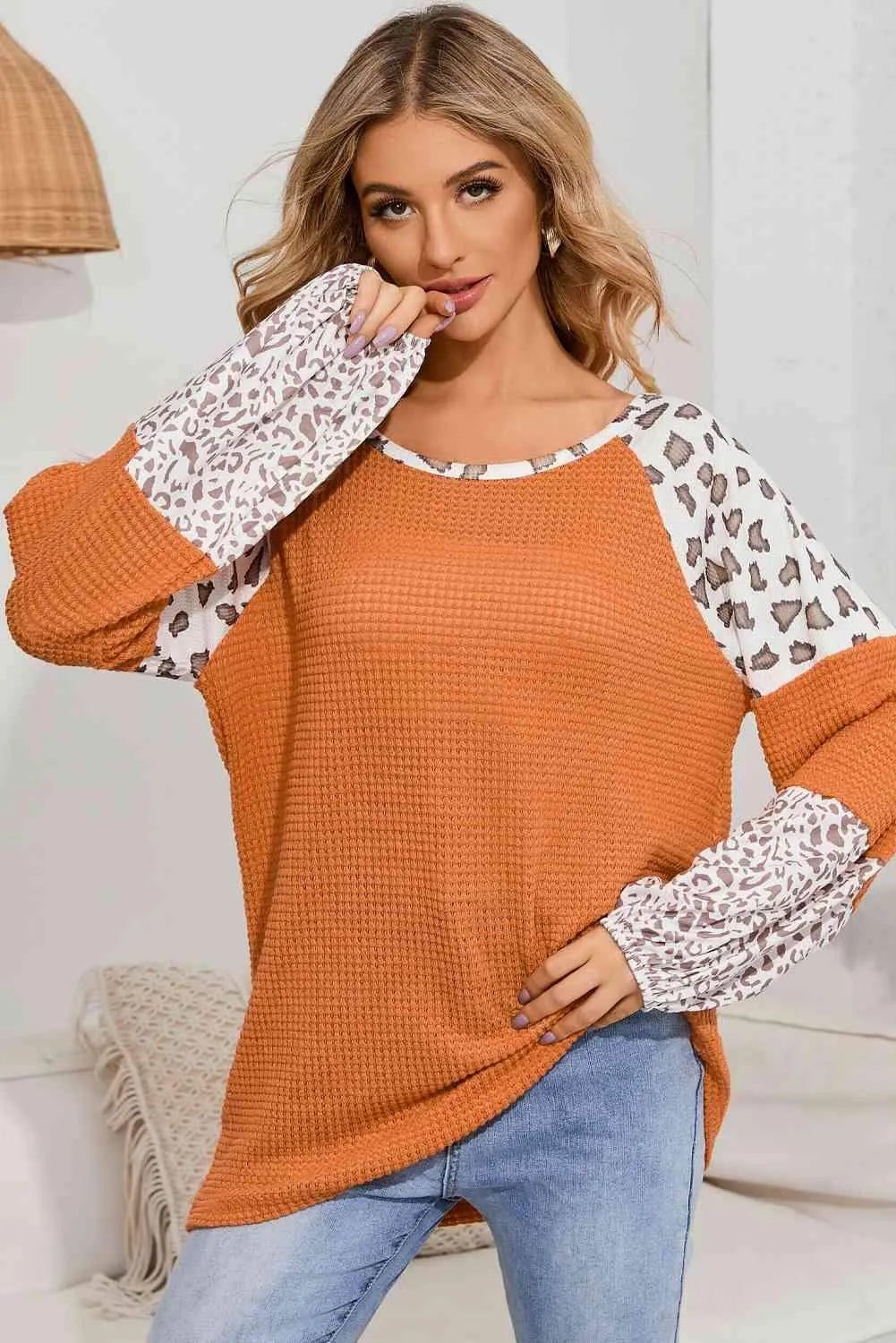 Leopard Waffle-Knit Long Sleeve Blouse Blouses - Tophatter Daily Deals