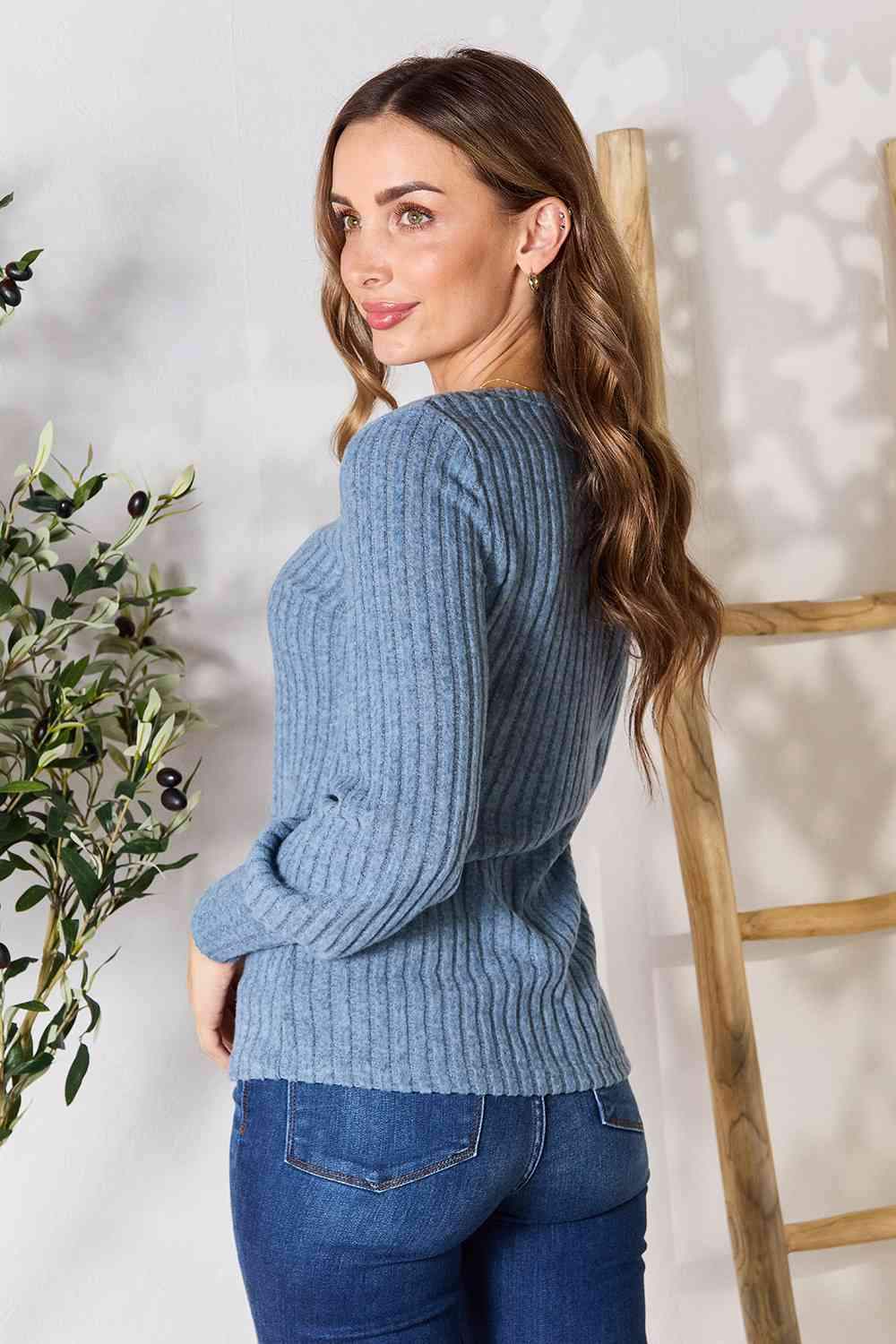 Double Take Ribbed Round Neck Lantern Sleeve Blouse Blouses - Tophatter Daily Deals