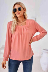 Square Neck Ruched Long Sleeve Blouse Blouses - Tophatter Daily Deals