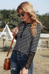 Striped Button-Up Lace Detail Long Sleeve Blouse Blouses - Tophatter Daily Deals