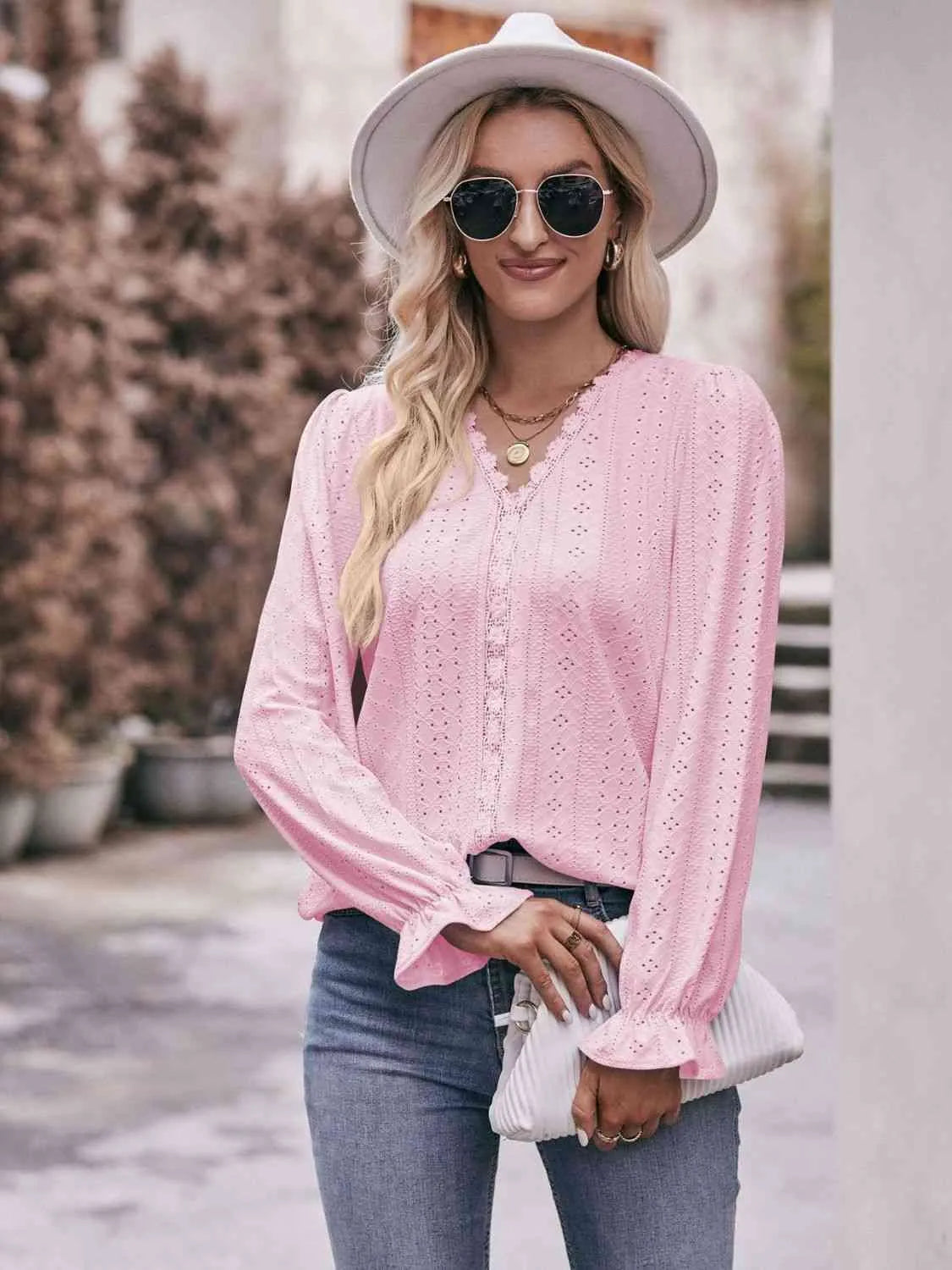 Double Take Eyelet V-Neck Flounce Sleeve Blouse Blush Pink Blouses - Tophatter Daily Deals