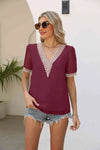 Contrast V-Neck Swiss Dot Top Blouses - Tophatter Daily Deals