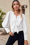 Notched Neck Lantern Sleeve Ruffle Trim Blouse White Blouses - Tophatter Daily Deals