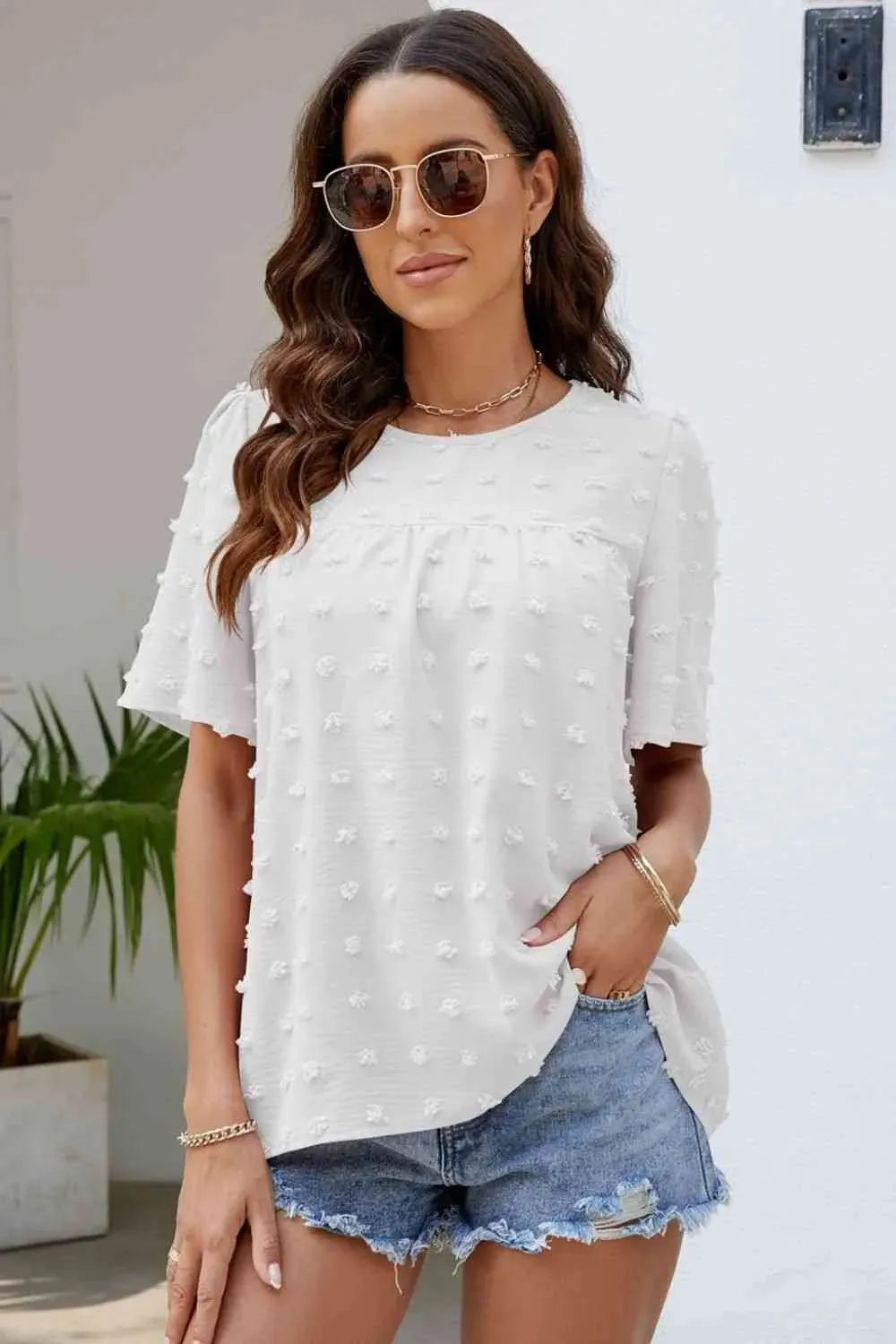Swiss Dot Puff Sleeve Round Neck Blouse White Blouses - Tophatter Daily Deals