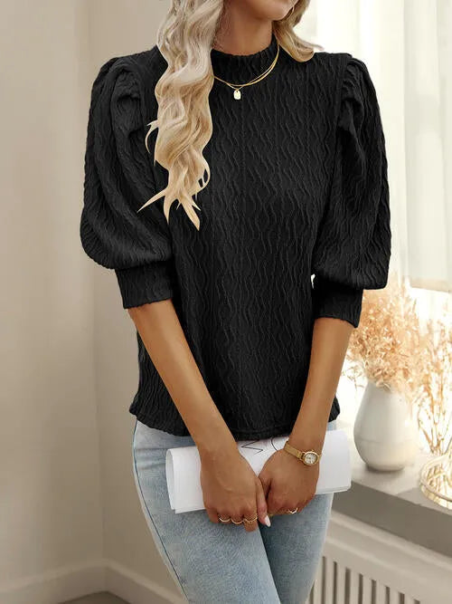 Texture Ruff Sleeve Mock Neck Blouse Blouses - Tophatter Daily Deals