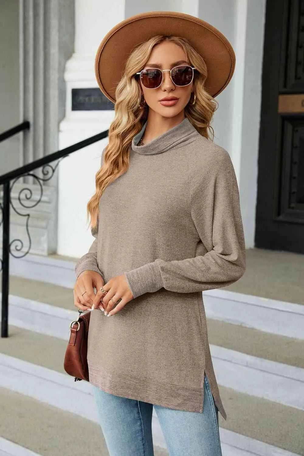 Turtle Neck Long Sleeve Slit Blouse Blouses - Tophatter Daily Deals