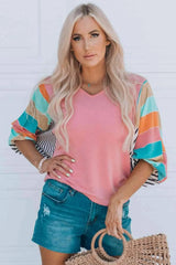 Striped Dolman Sleeve V-Neck Top Blouses - Tophatter Daily Deals
