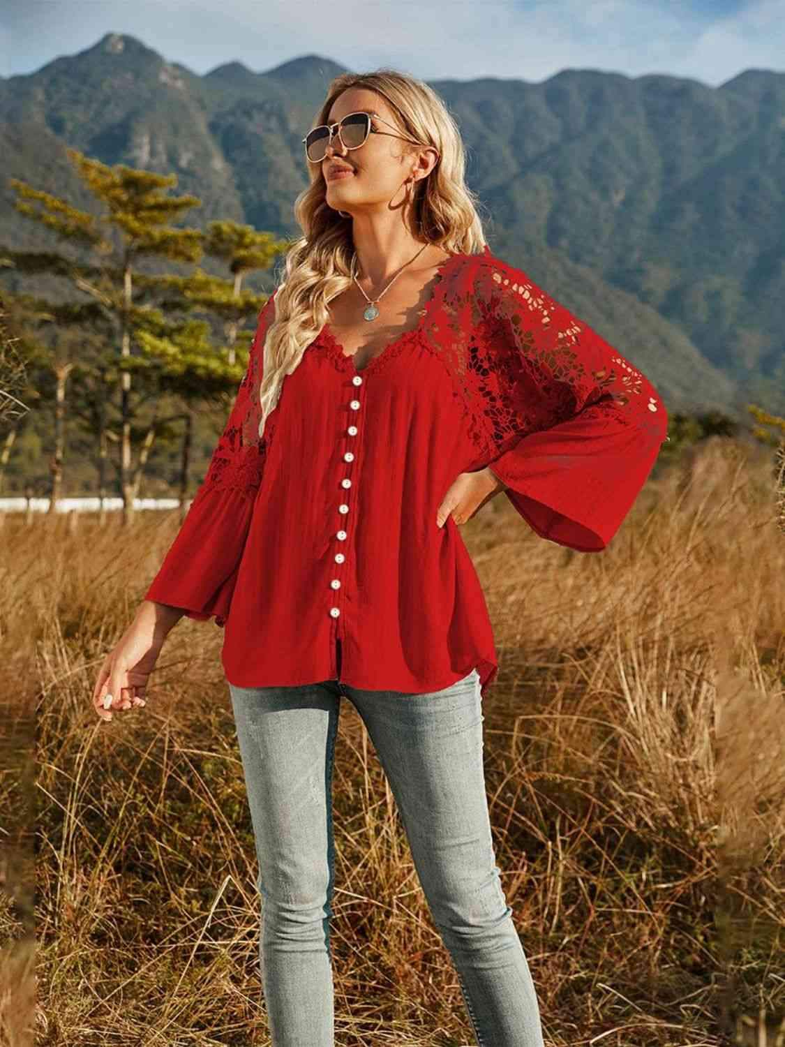 Spliced Lace Buttoned Blouse Blouses - Tophatter Daily Deals