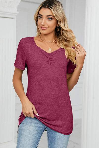 Ruched Heathered Short Sleeve T-Shirt Women's T-Shirts - Tophatter Daily Deals