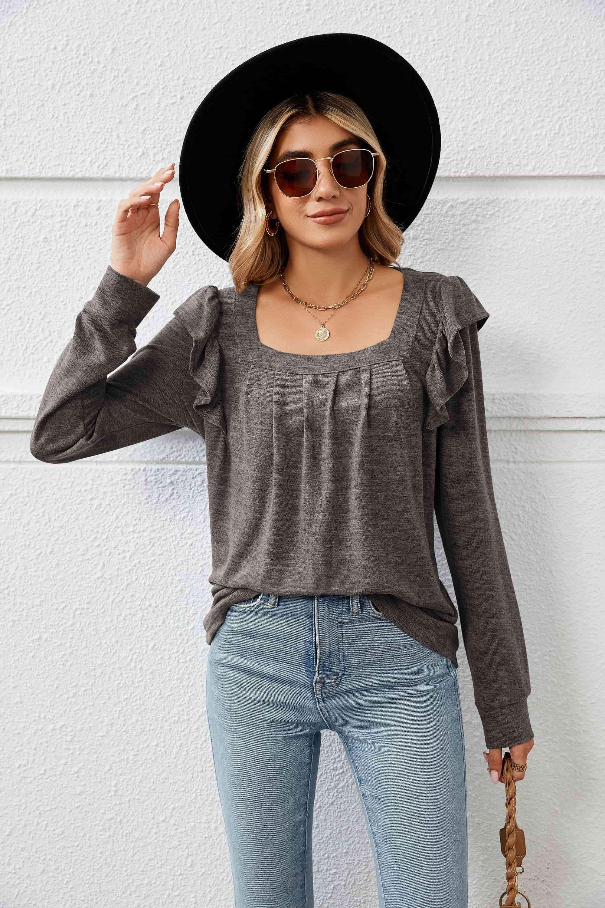 Square Neck Ruffle Shoulder Long Sleeve T-Shirt Charcoal Women's T-Shirts - Tophatter Daily Deals