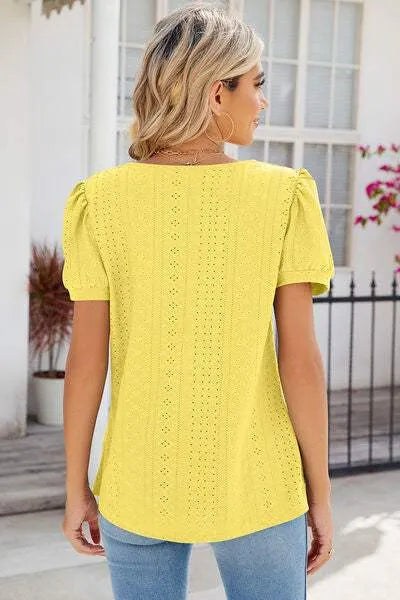 Eyelet Puff Sleeve T-Shirt Women's T-Shirts - Tophatter Daily Deals