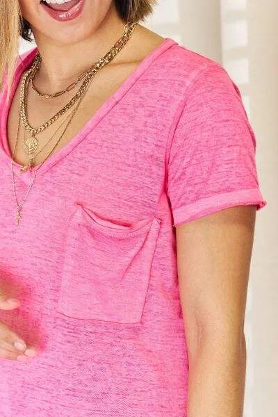 Zenana V-Neck Short Sleeve Slit T-Shirt Blouses - Tophatter Daily Deals